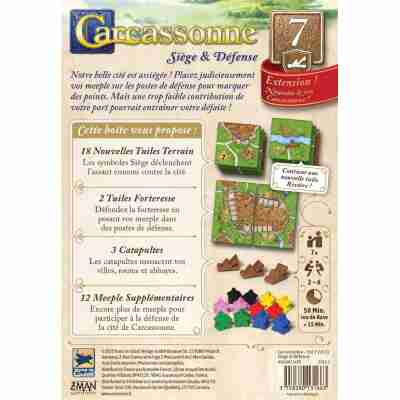 Verso de la boîte Carcassonne : Siège & Défense avec présentation du contenu