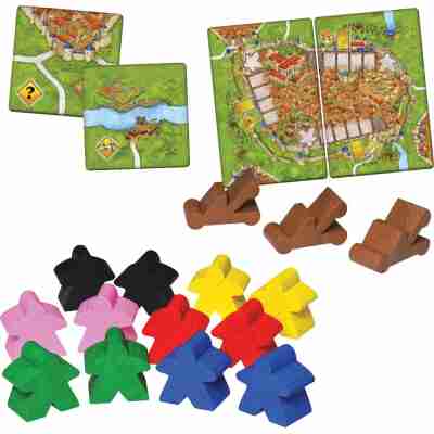 Contenu de l’extension Carcassonne : Siège & Défense – tuiles, meeple et catapultes