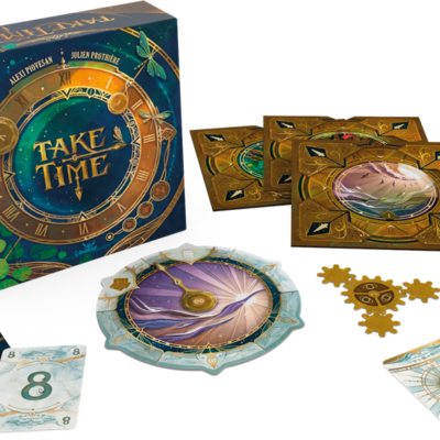 Contenu du jeu Take Time avec cadran et cartes