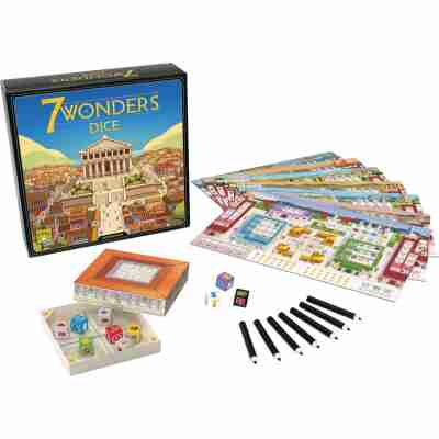 Contenu du jeu 7 Wonders Dice avec dés et plateaux