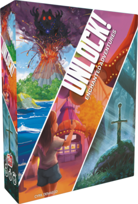 Boîte du jeu Unlock Enchanted Adventures avec illustrations des trois scénarios