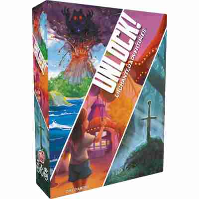 Boîte du jeu Unlock Enchanted Adventures avec illustrations des trois scénarios