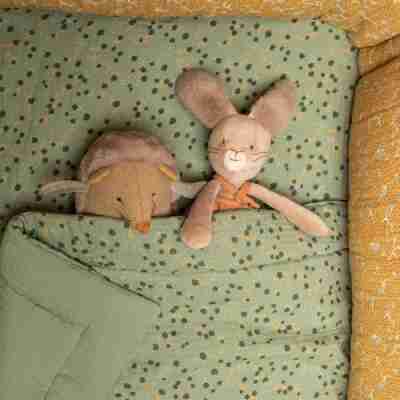 Hérisson musical Trois petits lapins dans un lit avec un lapin en peluche