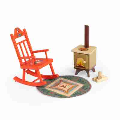 Set cocooning Les Minouchkas Moulin Roty avec fauteuil à bascule, poêle à bois et tapis