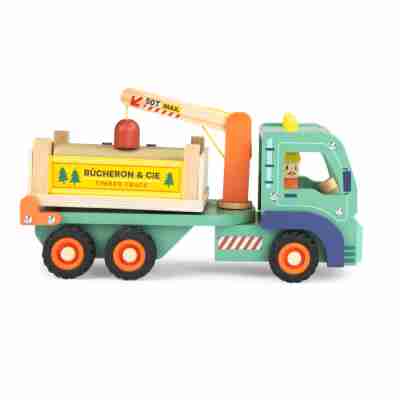 Camion en bois avec grue aimantée et bûches
