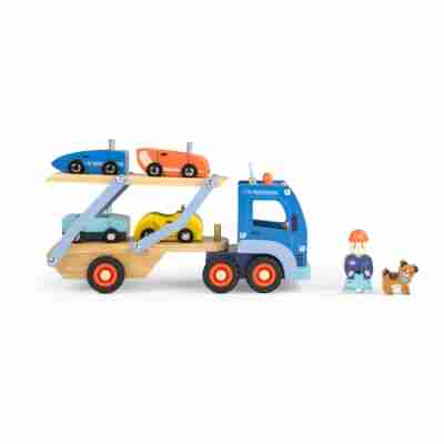 Camion en bois avec voitures et figurines enfant