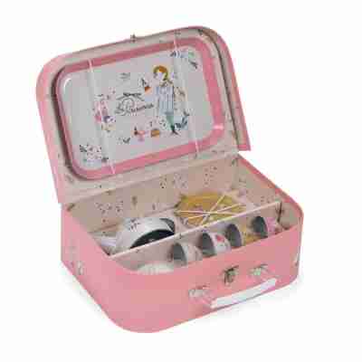 Valise dînette thé Moulin Roty ouverte avec service à thé en métal