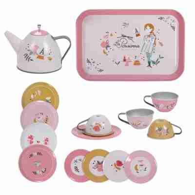 Valise dînette thé Moulin Roty ouverte avec service à thé en métal