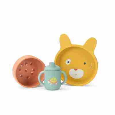 Set vaisselle silicone Trois petits lapins avec assiette bol et tasse à anses