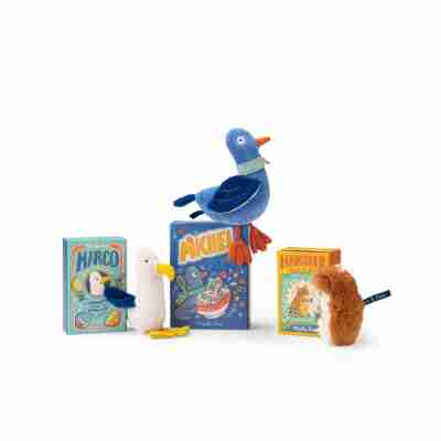 Personnages Puce & Pilou réunis autour du pigeon Michel