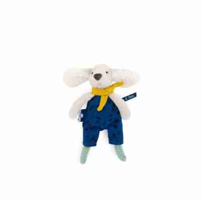 Petit chien Pilou Puce & Pilou en peluche avec salopette bleue