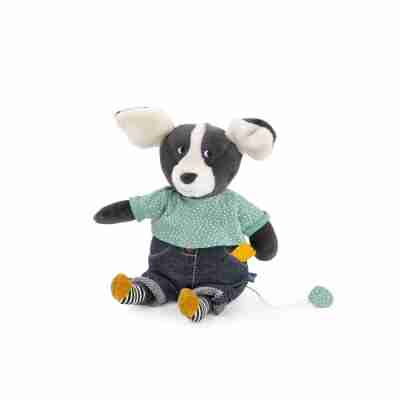 Chien musical Puce & Pilou assis en peluche textile