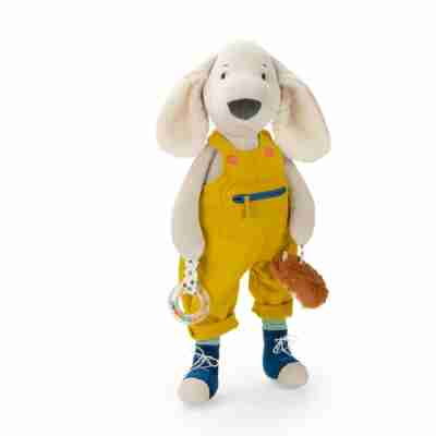 Grand chien d’activités Pilou en peluche avec salopette jaune et accessoires sensoriels