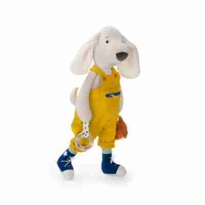 Peluche d’activités Pilou Moulin Roty vue de profil avec anneau et grelots