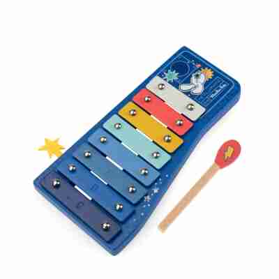 Détail des lames métalliques multicolores du métallophone enfant