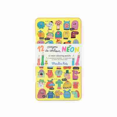Boîte en métal illustrée contenant 12 crayons de couleur néon Les Schmouks