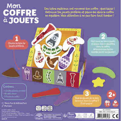 Pièces colorées et plateau du jeu Mon coffre à jouets