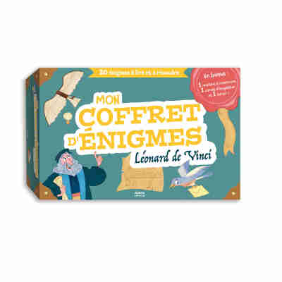 Intérieur du coffret d’énigmes Léonard de Vinci avec cartes et lettres