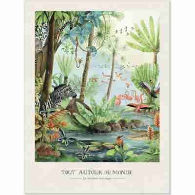 Affiche illustrée représentant une rivière sauvage avec animaux et végétation tropicale, collection Tout autour du monde