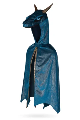 Cape du Dragon de la Nuit Étoilée bleue scintillante avec tête rembourrée et cornes dorées