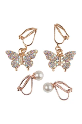 Boucles d’oreilles clips papillon strass et perle nacrée
