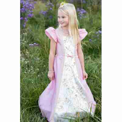 Robe de princesse parisienne rose poudré et crème avec broderies dorées portée par une enfant