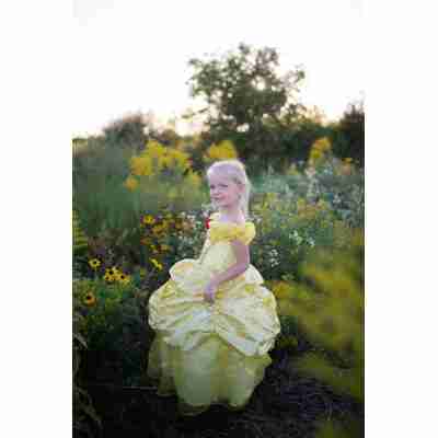 Détail corsage doré avec rose rouge décorative