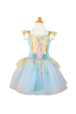 Robe de sirène turquoise et dorée vue de face sur mannequin
