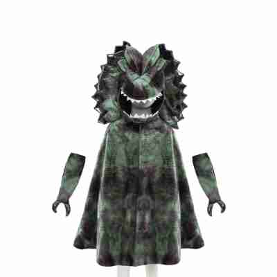 Cape de Dilophosaurus Grandasaurus verte et violette avec pointes métalliques et tête dinosaure