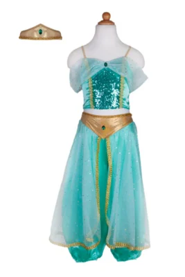 Robe de princesse Jasmine turquoise avec bandeau doré