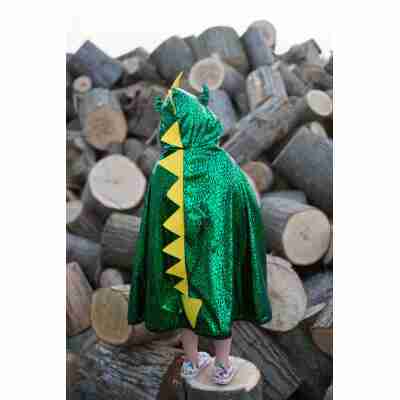 Enfant portant la cape dragon verte avec crête jaune sur le dos