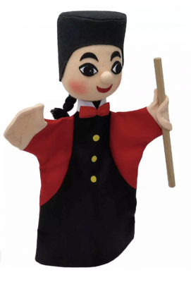 Marionnette Guignol Bass & Bass avec chapeau noir et noeud papillon rouge