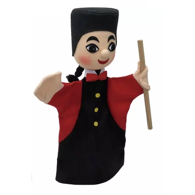 Marionnette Guignol Bass & Bass avec chapeau noir et noeud papillon rouge