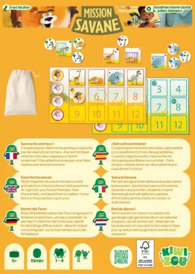 Contenu du jeu Mission Savane avec plateau et jetons