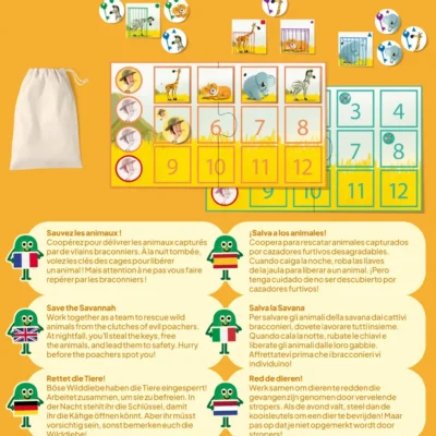 Contenu du jeu Mission Savane avec plateau et jetons
