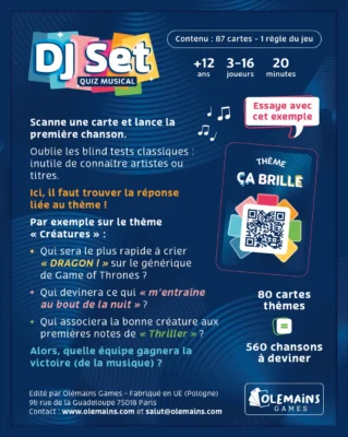 Dos de la boîte du jeu DJ Set quiz musical avec illustration colorée