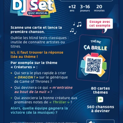 Dos de la boîte du jeu DJ Set quiz musical avec illustration colorée