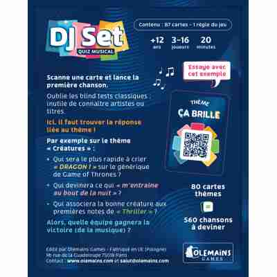 Dos de la boîte du jeu DJ Set quiz musical avec illustration colorée