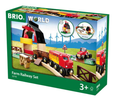 Circuit de la Ferme Brio avec train rouge, tracteur et vache