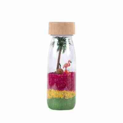 Bouteille sensorielle Petit Boum avec flamant rose et palmier miniature