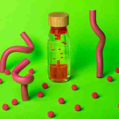 Mise en scène de la bouteille sensorielle Spiral Rose Petit Boum sur fond vert