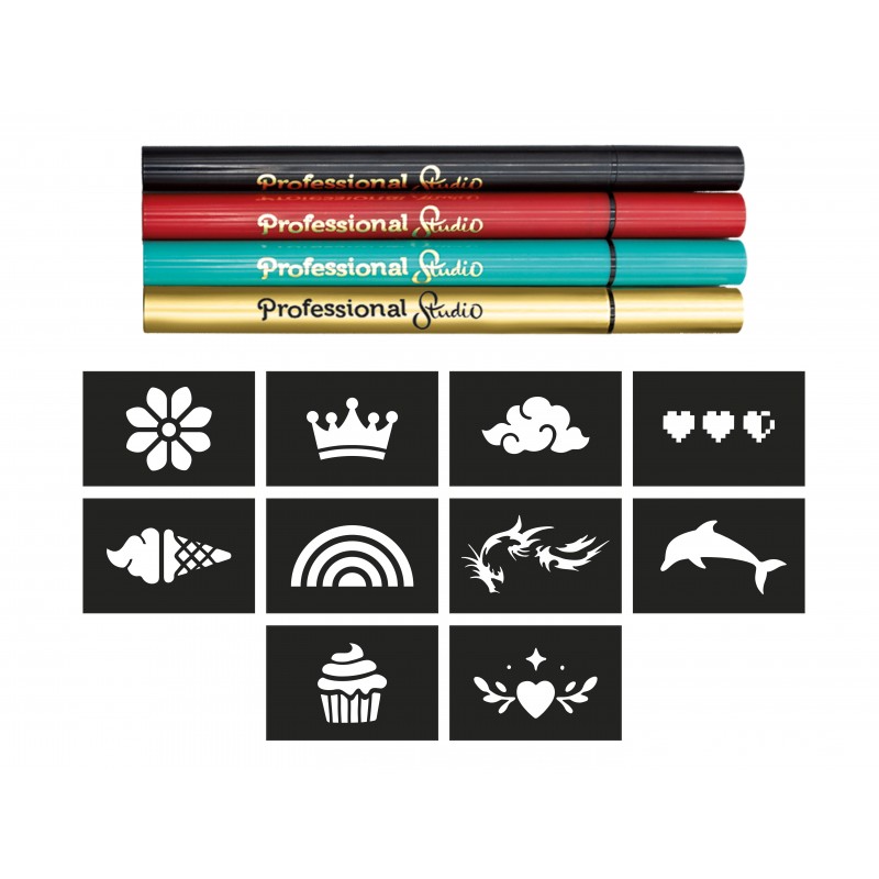 Feutres tattoos - doré 2 Feutres cosmétiques Buki avec pochoirs de tatouages repositionnables