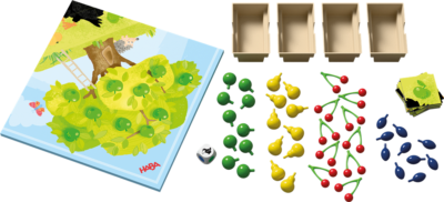 Contenu du jeu Le Verger avec fruits en bois et plateau