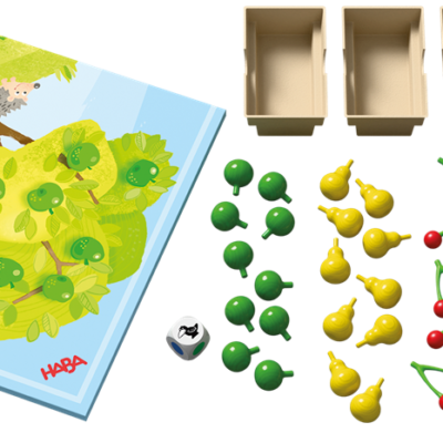 Contenu du jeu Le Verger avec fruits en bois et plateau