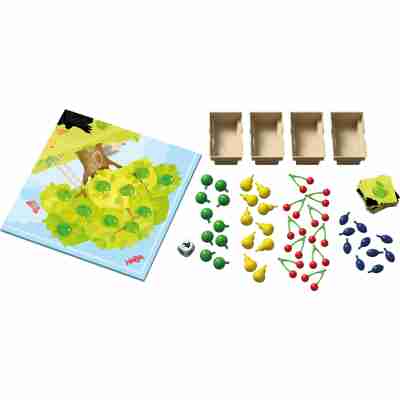 Contenu du jeu Le Verger avec fruits en bois et plateau