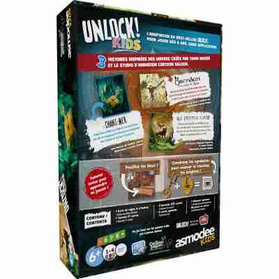 Verso du jeu Unlock! Kids Histoires de l’Île d’Émeraude présentant les aventures
