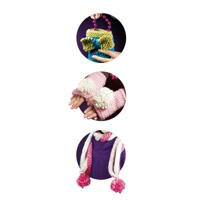 Tricot 4 Créations réalisées avec le coffret Tricot Buki : mitaines, pochette et écharpe