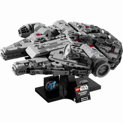 Millennium Falcon LEGO Star Wars 75375 présenté sur son support d'exposition