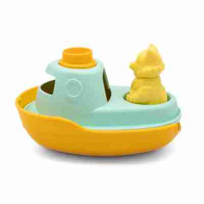Vue latérale du bateau de Petit Renard jaune et turquoise