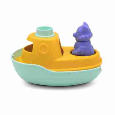 Vue latérale du bateau de Petit Renard turquoise et jaune